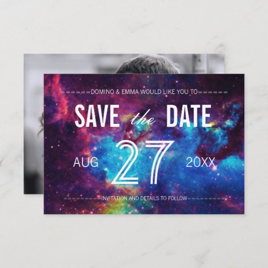 Kleurrijke Galaxy Photo Save the Date (Voorkant / Achterkant)