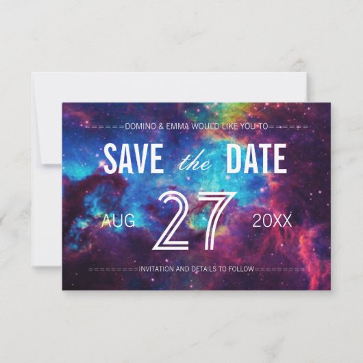 Kleurrijke Galaxy Save the Date (Voorkant)