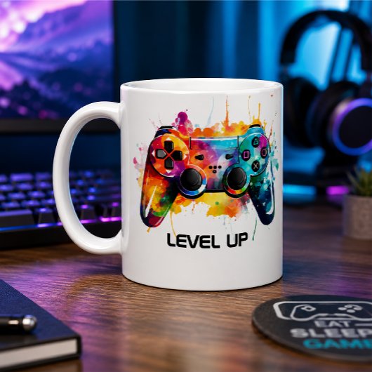 Kleurrijke Gamer Controller "Level Up" Mok Ontwerp