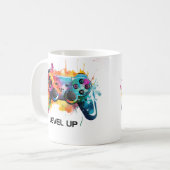 Kleurrijke Gamer Controller "Level Up" Mok Ontwerp (Voorkant links)