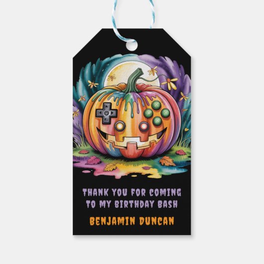 Kleurrijke Gamer Pumpkin Halloween Bash Cadeaulabel (Achterkant)