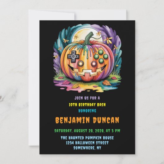 Kleurrijke Gamer Pumpkin Halloween Bash Kaart (Voorkant)