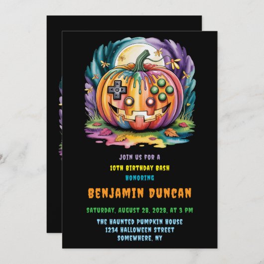 Kleurrijke Gamer Pumpkin Halloween Bash Kaart (Voorkant / Achterkant)