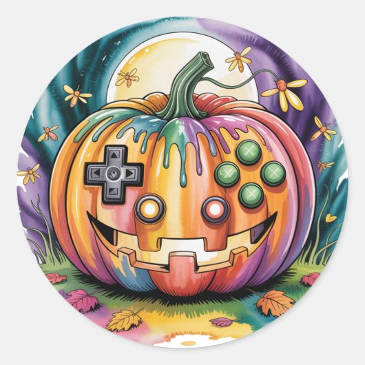 Kleurrijke Gamer Pumpkin Halloween Bash Ronde Sticker (Voorkant)