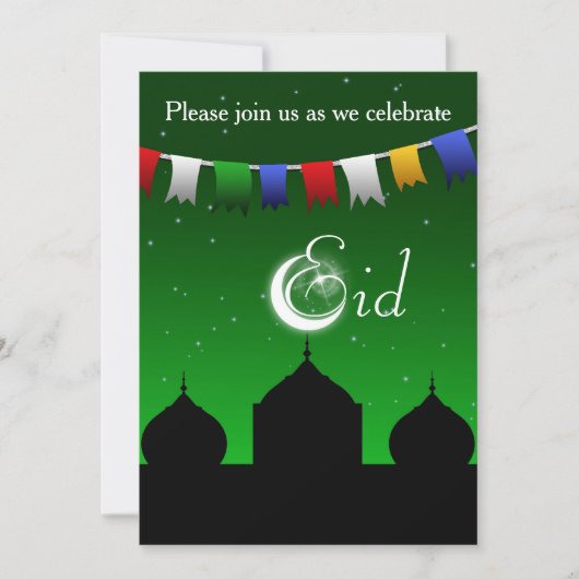 Kleurrijke Garland met Moskee Eid Party Uitnodigin Kaart (Voorkant)