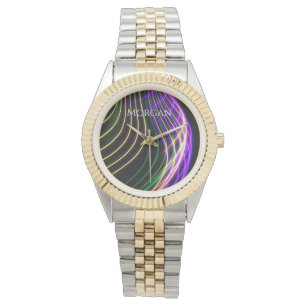 Kleurrijke gebogen licht op zwart, DIY Naam Wit Horloge