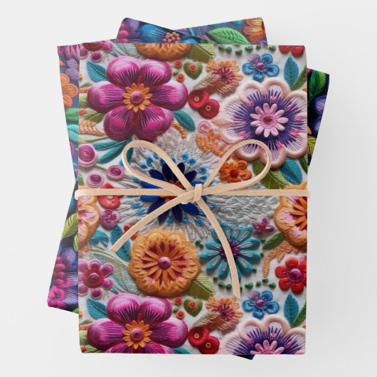 Kleurrijke geborduurde bloemen Design Inpakpapier Vel (In situ)