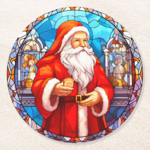Kleurrijke Gebrandschilderde Glas Kerstman Ronde Kartonnen Onderzetter