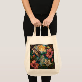 Kleurrijke Gebrandschilderde Glazen Kolibrie Bloem Tote Bag