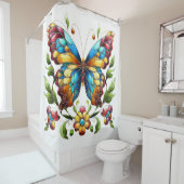Kleurrijke gebrandschilderde glazen vlinder met bl douchegordijn (In situ)