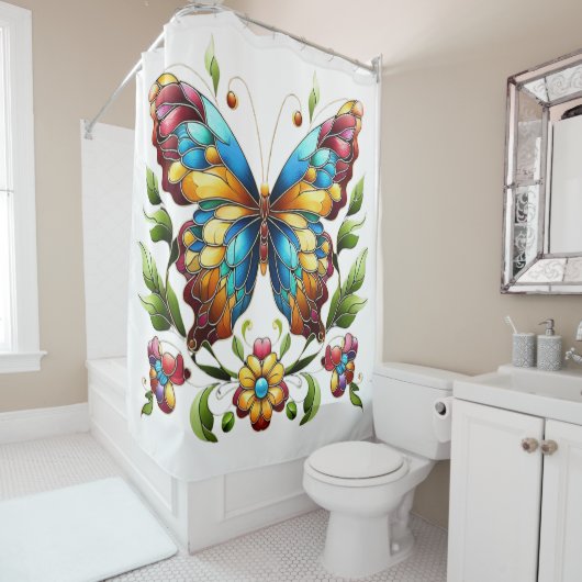 Kleurrijke gebrandschilderde glazen vlinder met bl douchegordijn (In situ)