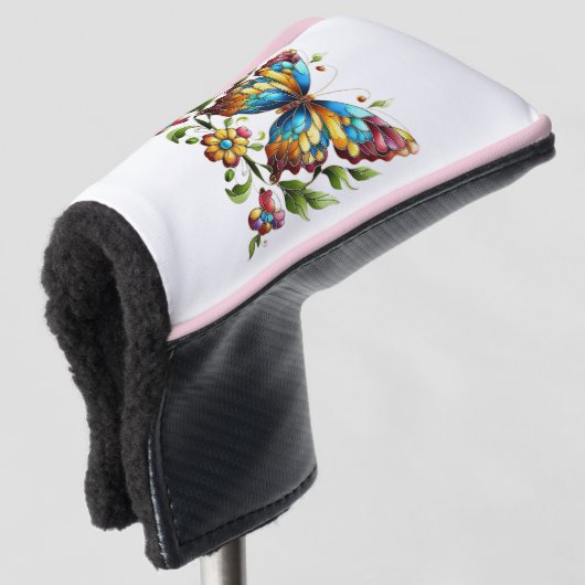 Kleurrijke gebrandschilderde glazen vlinder met bl golfheadcover (3/4 voorkant)