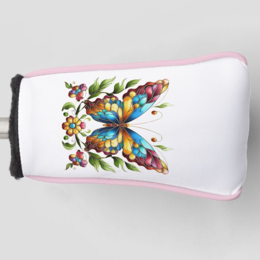Kleurrijke gebrandschilderde glazen vlinder met bl golfheadcover (Voorkant)