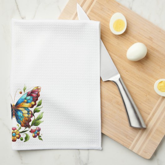 Kleurrijke gebrandschilderde glazen vlinder met bl theedoek (Quarter Fold)