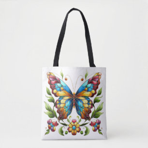 Kleurrijke gebrandschilderde glazen vlinder met bl tote bag