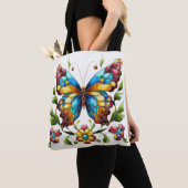 Kleurrijke gebrandschilderde glazen vlinder met bl tote bag (Dichtbij)