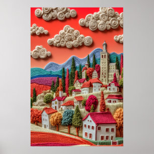 Kleurrijke Gebreide Stijl Dorp Whimsical Wolken Poster