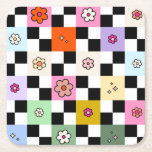 Kleurrijke gecheckte dagen terugzetten aanloopcont kartonnen onderzetters<br><div class="desc">Gecontroleerde dagen - Retro Colorful Flower Check Pattern - Checkerboard.</div>