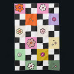 Kleurrijke gecheckte dagen terugzetten aanloopcont theedoek<br><div class="desc">Gecontroleerde dagen - Retro Colorful Flower Check Pattern - Checkerboard.</div>