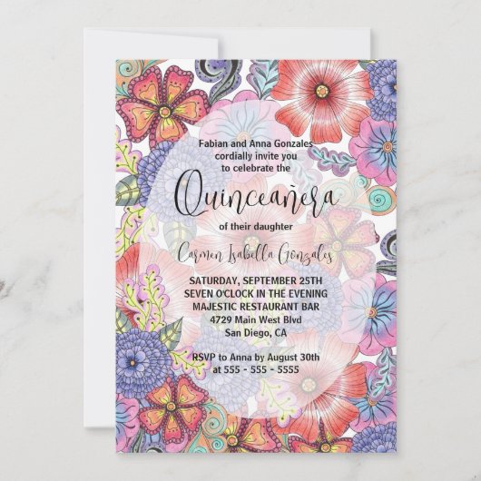 Kleurrijke gedetailleerde bloemen en bladeren Quin Kaart (Voorkant)