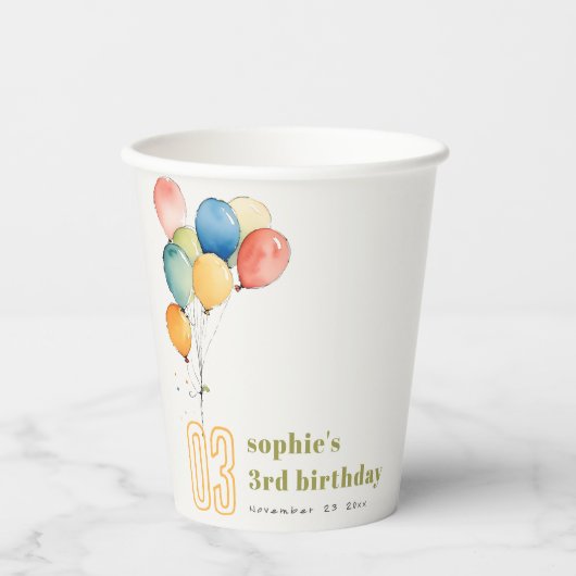 Kleurrijke Geel Rood Groene Ballonnen Kinderen Ver Papieren Bekers (Voorkant)