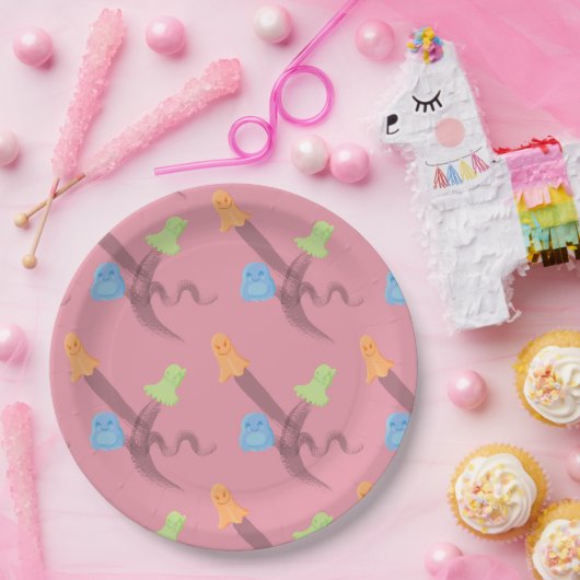 Kleurrijke geesten in roze Halloween feest Papieren Bordje (Feest)