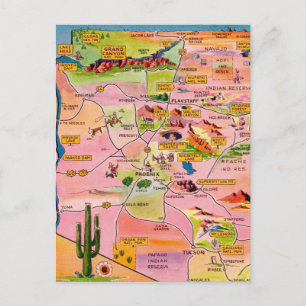 Kleurrijke geïllustreerde Arizona kaart ansichtkaa