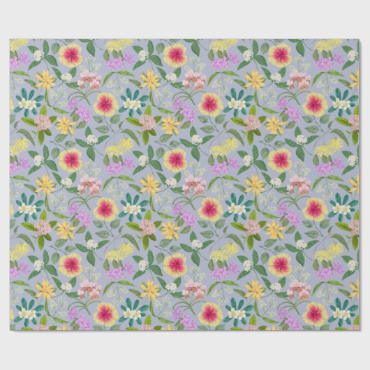 Kleurrijke geïllustreerde tropische bloemen patroo cadeaupapier (Vlak)