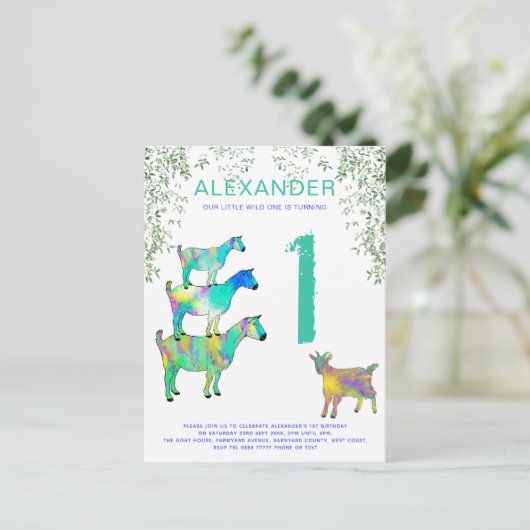 Kleurrijke geiten 1e verjaardag Wilde een Uitnodiging Briefkaart (Staand voorkant)
