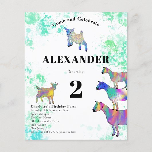 Kleurrijke Geiten Verjaardagsfeest Budget Flyer (Voorkant)