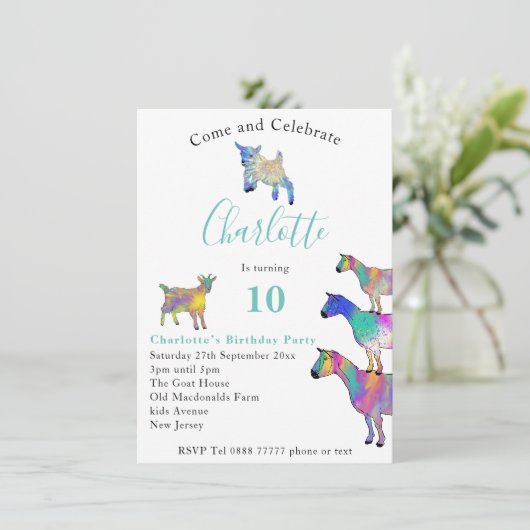 Kleurrijke geiten verkuilen dieren 10e verjaardag (Staand voorkant)