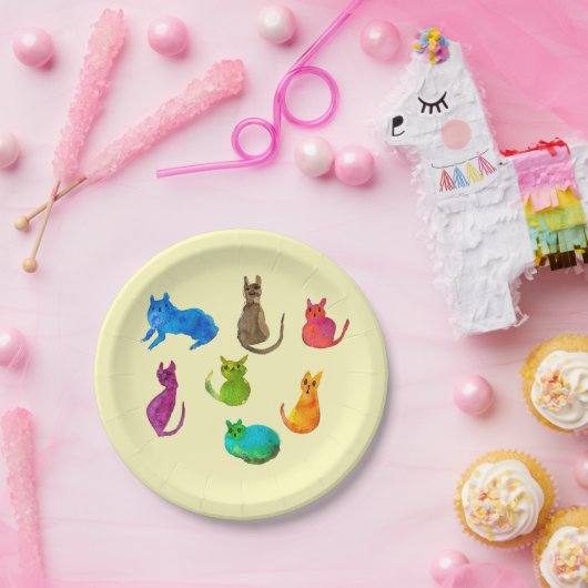 Kleurrijke gekke katten in de waterverf papieren bordje (Feest)