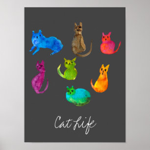 Kleurrijke gekke katten in de waterverf poster