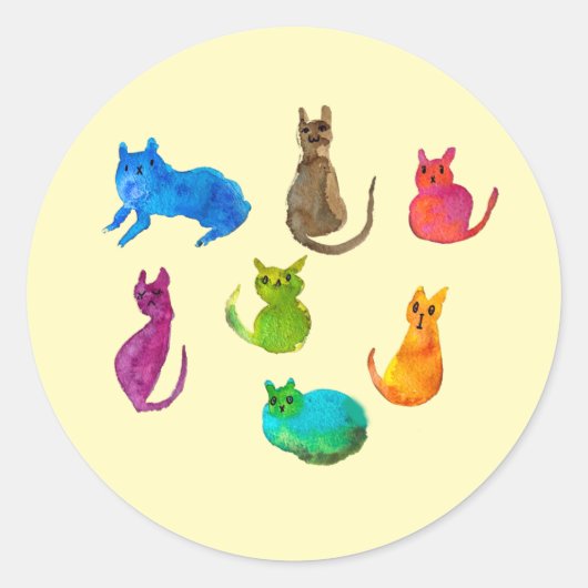Kleurrijke gekke katten in de waterverf ronde sticker (Voorkant)