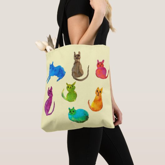 Kleurrijke gekke katten in de waterverf tote bag (Dichtbij)