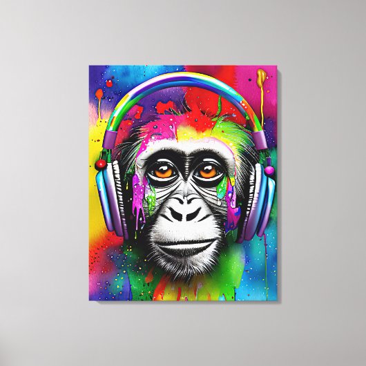 Kleurrijke gekleurde aap met hoofdtelefoon canvas afdruk (Voorkant)