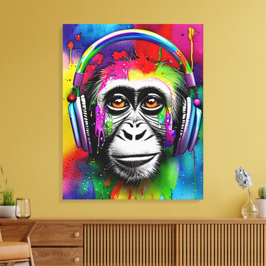 Kleurrijke gekleurde aap met hoofdtelefoon canvas afdruk (Insitu (Woonkamer))