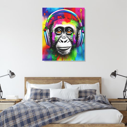 Kleurrijke gekleurde aap met hoofdtelefoon canvas afdruk (Insitu (Slaapkamer))