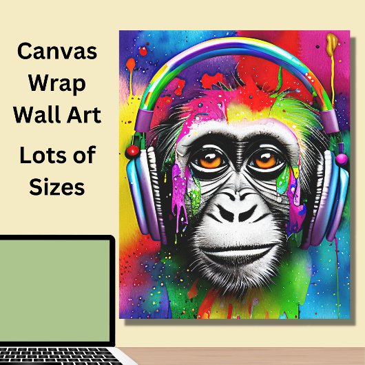 Kleurrijke gekleurde aap met hoofdtelefoon canvas afdruk