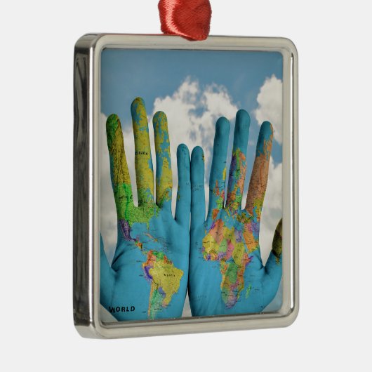 Kleurrijke gekleurde Wereldkaart in handen, kunstf Metalen Ornament (Rechts)