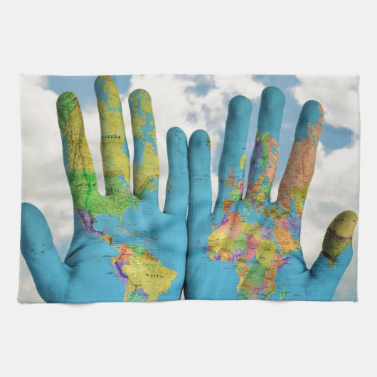 Kleurrijke gekleurde Wereldkaart in handen, kunstf Theedoek (Horizontaal)