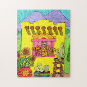 Kleurrijke gele Adobe House Cats Desert Tekening Legpuzzel
