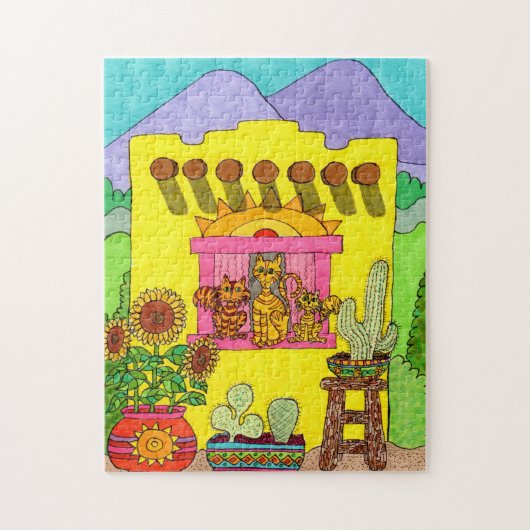 Kleurrijke gele Adobe House Cats Desert Tekening Legpuzzel (Verticaal)