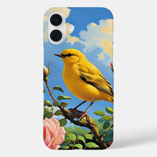 Kleurrijke gele vogel en mooie roze rozen iPhone 16 plus hoesje