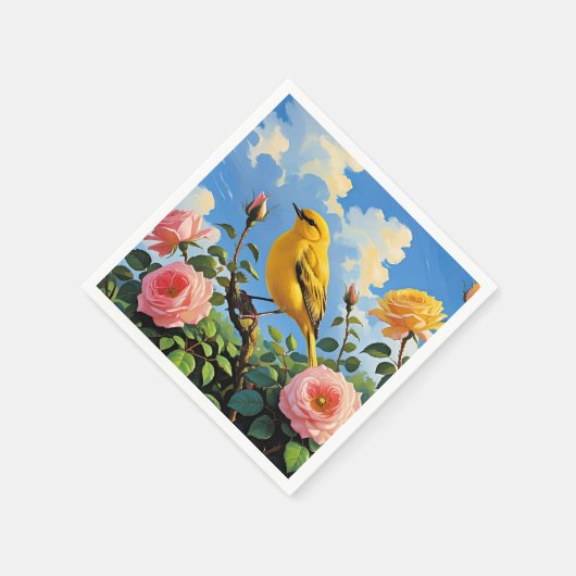 Kleurrijke gele vogel en  roze rozen servet (Hoek)