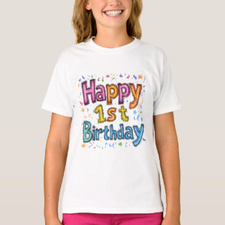 Kleurrijke Gelukkige 1e Verjaardag Viering Tekst T-shirt