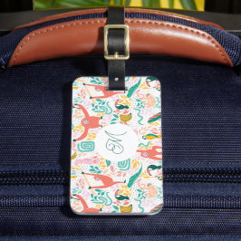 Kleurrijke Gelukkige Jungle Dieren Monogram Roze Bagagelabel