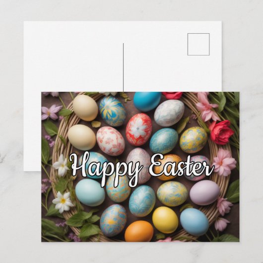 Kleurrijke Gelukkige Paaseieren & de Lentebloemen Briefkaart (Voorkant / Achterkant)