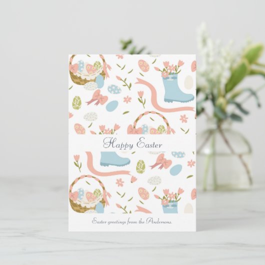 Kleurrijke gelukkige paaseieren in de lentemand feestdagenkaart (Staand voorkant)