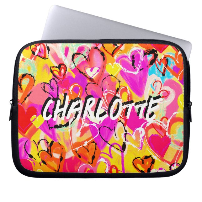 Kleurrijke gelukzaligheid: gele & roze graffiti ha laptop sleeve (Voorkant)
